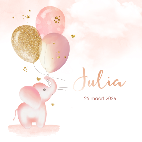 Lief geboortekaartje voor een meisje met olifantje en ballonnen