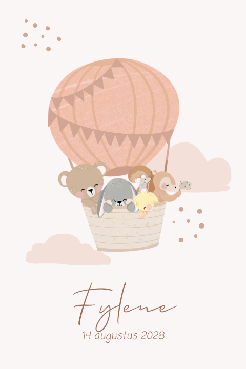 Lief geboortekaartje meisje met luchtballon en bosdieren
