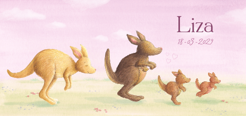 Geboortekaartje voor een meisje met kangoeroe‑familie in de natuur