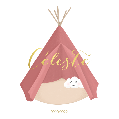Tipi tent geboortekaartje meisje met wolkje en goudfolie