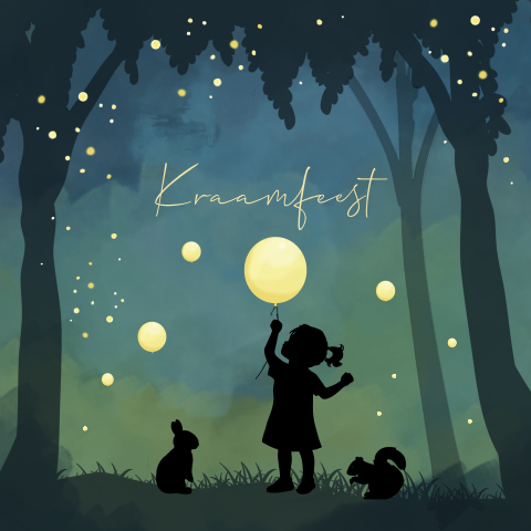 Kraamfeest uitnodiging winterliefde met silhouet van meisje in het bos