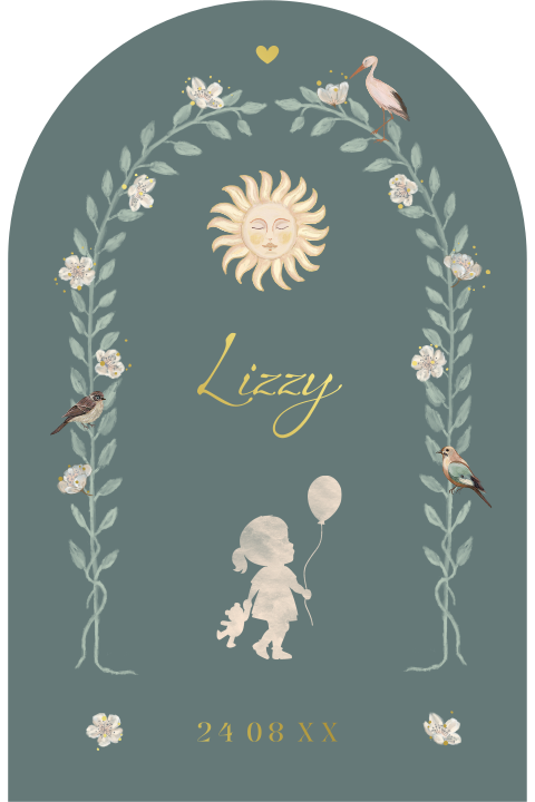 Lief geboortekaartje met boho‑stijl ooievaar, zon en bloemen