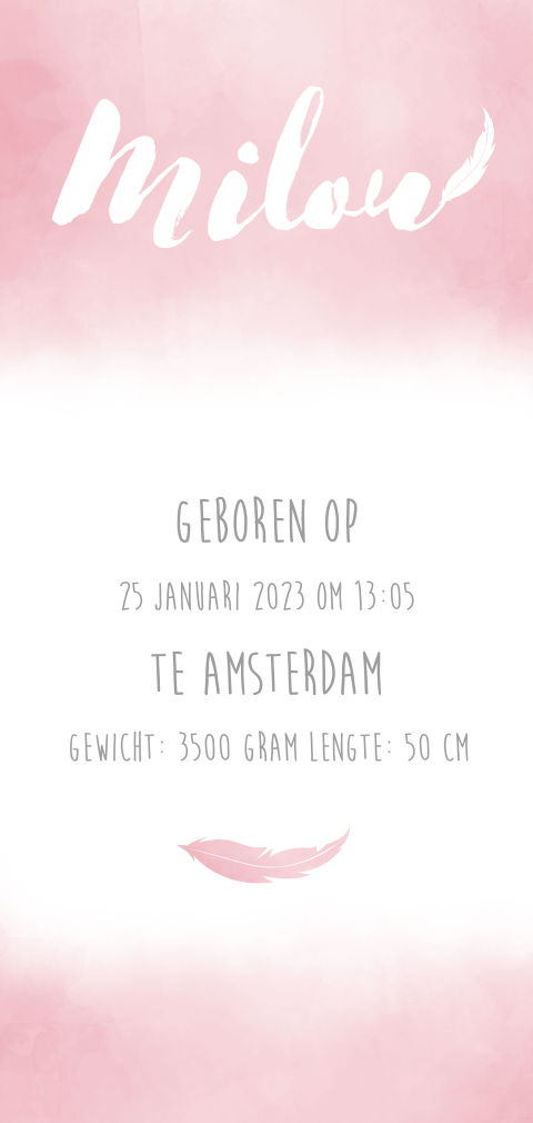 Stijlvol geboortekaartje met roze watercolour