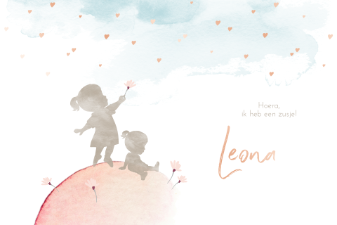 Lief geboortekaartje tweede kindje waterverf en rose goudfolie