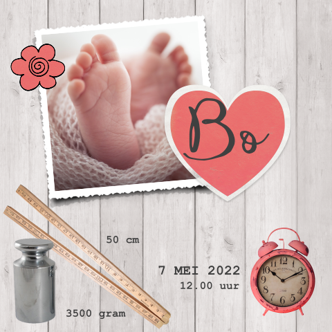 Vrolijk geboortekaartje met rood hart