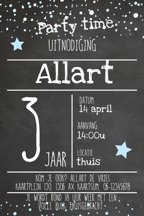 Uitnodiging krijtbord 3e verjaardag jongen