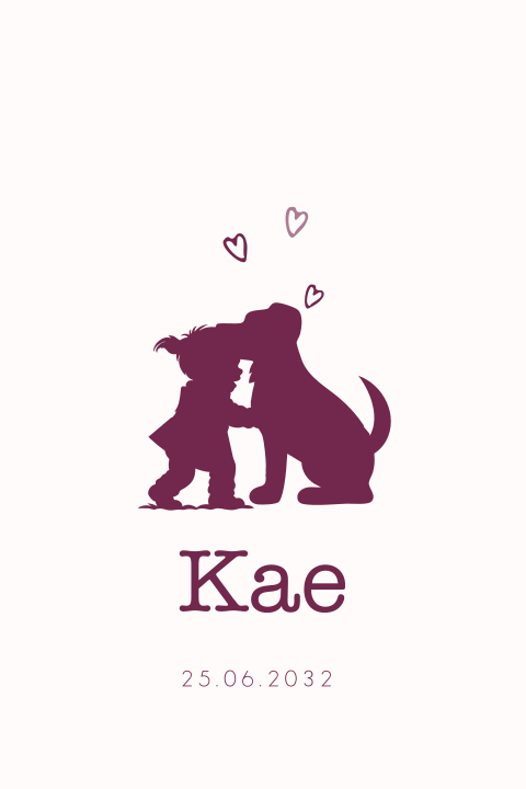 Lief geboortekaartje meisje knuffelt met hond silhouet