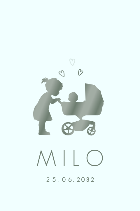 Lief geboortekaartje met zus en kinderwagen