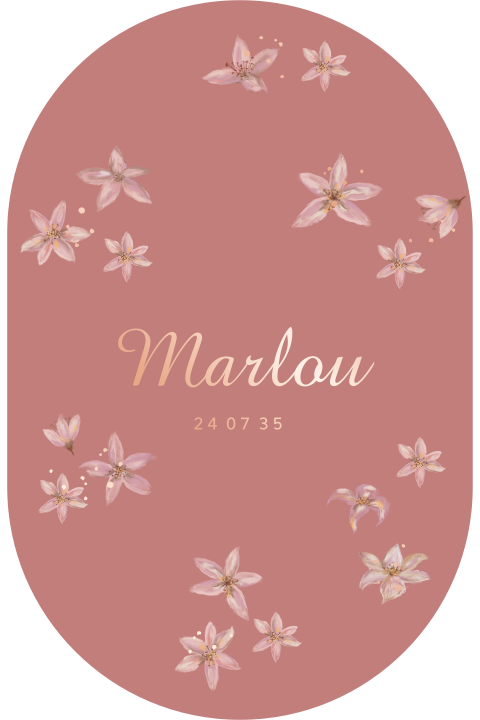 Mooi ovaal geboortekaartje rosé goudfolie en bloemen