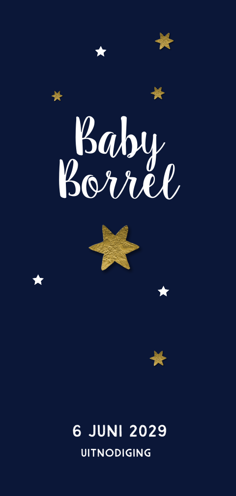 Baby borrel feest uitnodiging blauw met goud look sterretjes