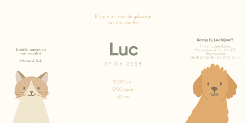 Vrolijk geboortekaartje jongen in theatervouw met hond en kat