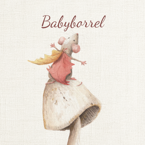 Beige kraamborrelkaartje met een muisje op een paddestoel 