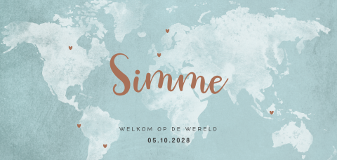 Geboortekaartje jongen wereldkaart licht blauw