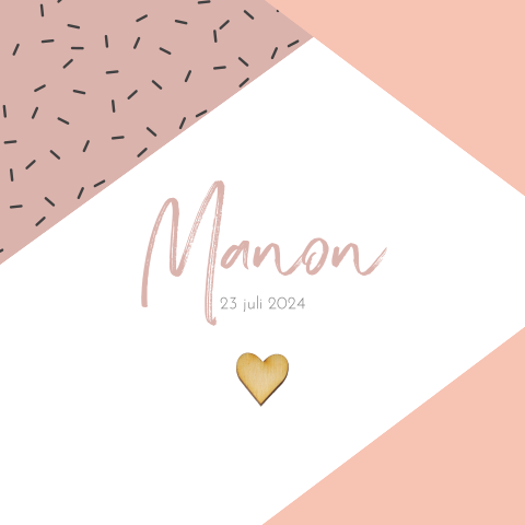 Hip geboortekaartje meisje met confetti en echt houten hartje