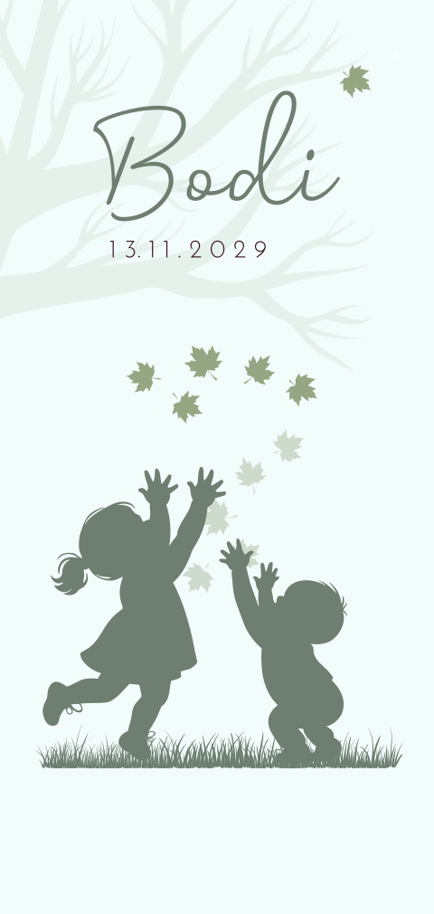 Groen jongens geboortekaartje met zus en baby