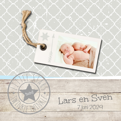 Hip jongens tweeling geboortekaartje met foto en stempel
