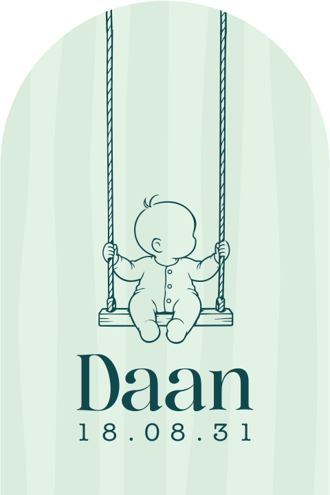 Minimalistisch geboortekaartje met baby op de schommel