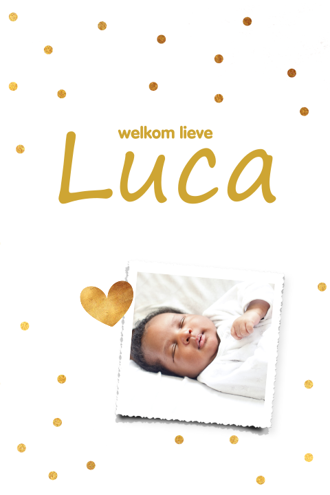 Lief geboortekaartje met gouden confetti en een foto