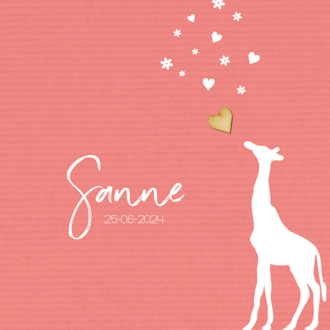 Geboortekaartje giraf meisje met echt houten hartje