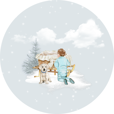 Sluitsticker zegel mandje op slee jongetje met broertje en hondje