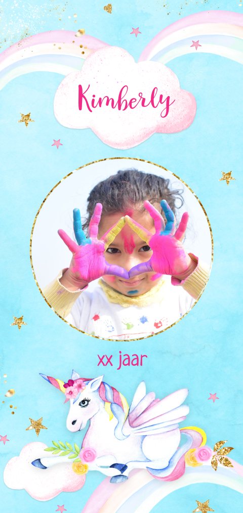 Uitnodiging kinderfeestje unicorn meisje eigen foto achtergrond