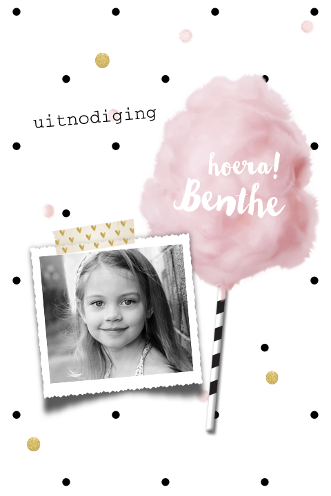 Hippe foto uitnodiging met roze suikerspin