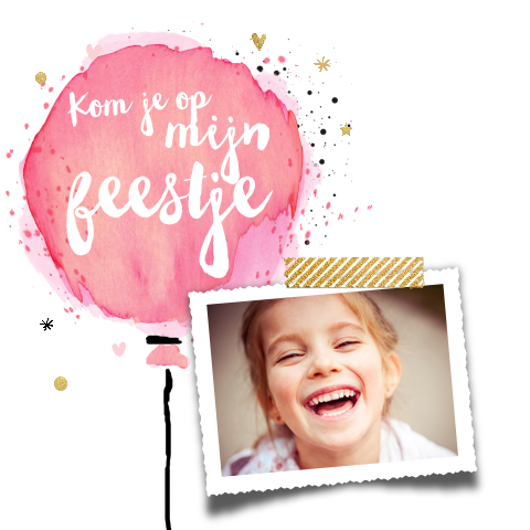 Uitnodiging meisje verjaardag ballon roze en foto