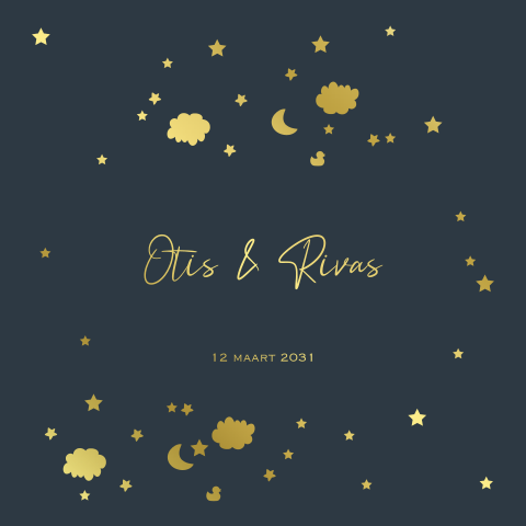 Donkerblauw geboortekaartje jongen tweeling sterretjes