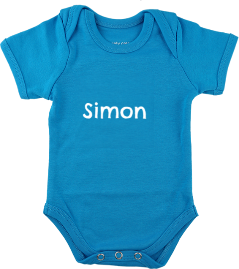 Rompertje in helderblauw met naam en geboortedatum