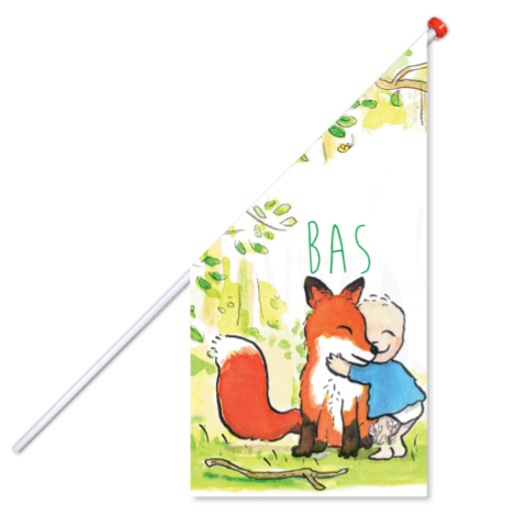 Geboortevlag met jongetje en vosje in het bos
