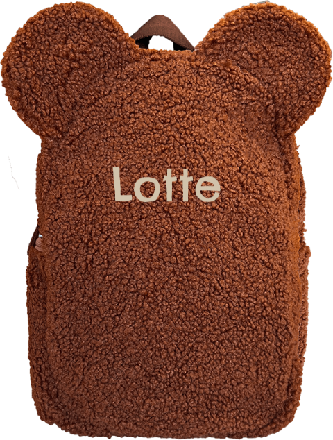 Teddy rugtas met naam in licht bruin