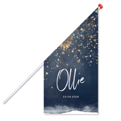 Geboortevlag blauw watercolor goudlook spetters