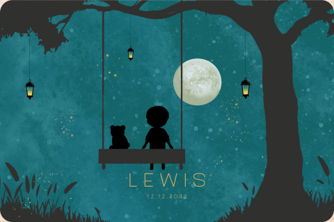 Memorybox winterliefde jongetje op schommel met beer en maan