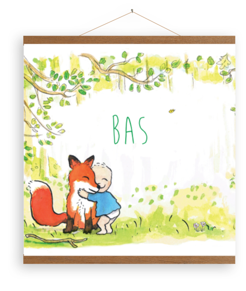 Canvasposter met jongetje en vosje in een bos