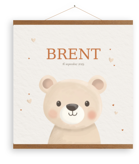 Canvasposter met houten latjes met lieve beer in beige teinten