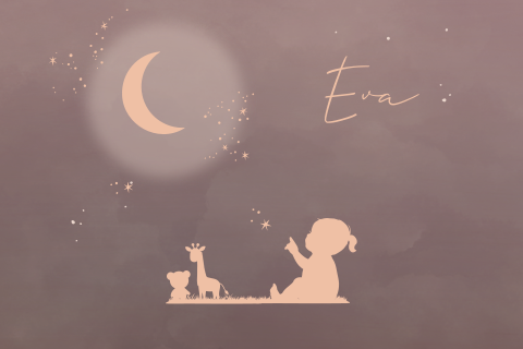 Houten bewaarbox in donker roze met maan en sterren