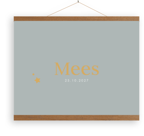 Een blauwe canvasposter met houten latjes