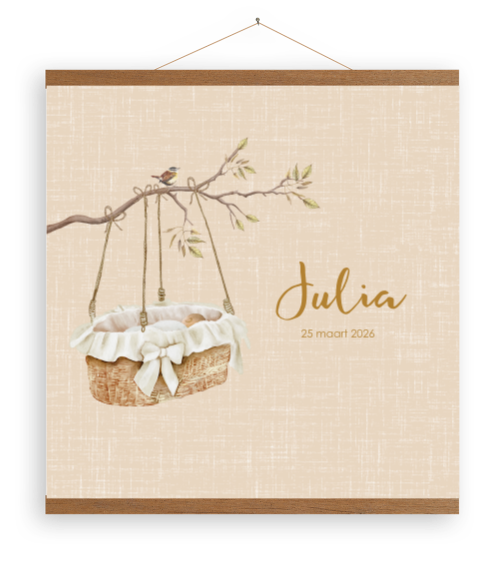 Een zachtroze canvasposter met een wiegje en houten latjes
