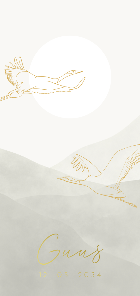 Geboortekaartje voor een jongen met bergen, zon, kraanvogels en goud