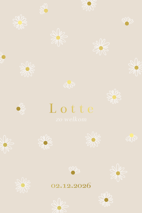 Lief geboortekaartje met madeliefjes met goud hartje voor een meisje