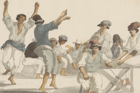 Vrolijke wenskaart met dansende mannen
