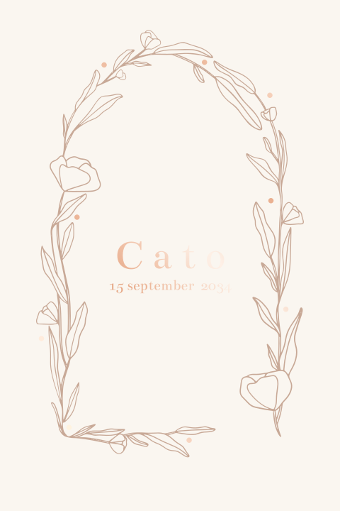 Prachtig trendy geboortekaartje met bloemen en roségouden foliedruk