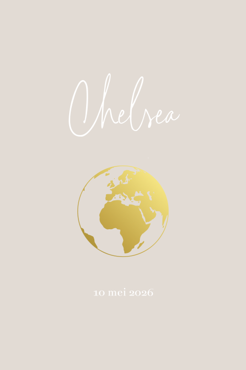 Minimalistisch geboortekaartje met wereldbol van goud voor een meisje