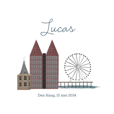 Haags geboortekaartje voor een jongen met een gebouwen uit Den Haag