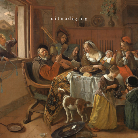 Vrolijke uitnodiging met kunstwerk voor feestje