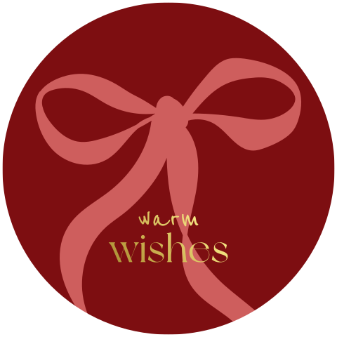 Ronde kerstkaart met roze strik en goudfolie 'Warm wishes'