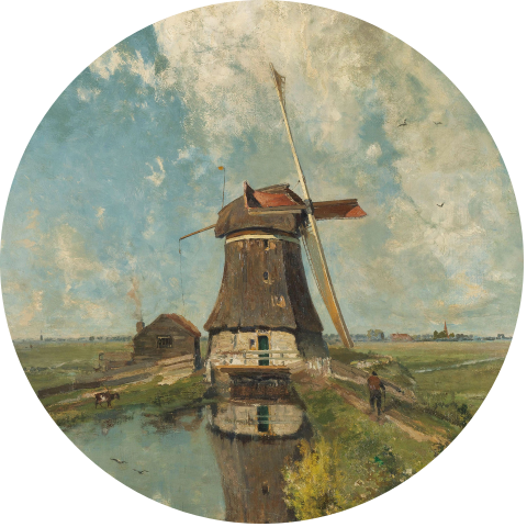 Klassieke behangcirkel met schilderij molen