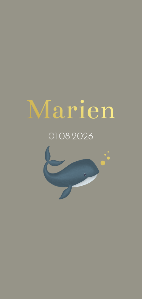 Een hip langwerpig geboortekaartje voor een jongen met walvis