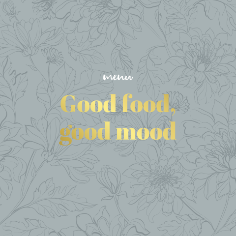 Menukaart met bloemenpatroon 'Good food, good mood' voor bruiloft - Botanical Blue