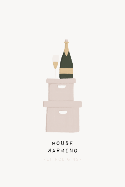 Uitnodiging housewarming verhuisdozen en champagne